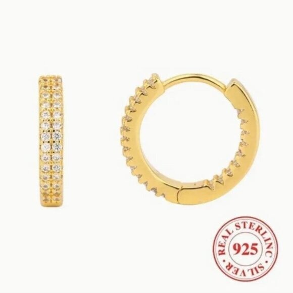 24k Gold Plated Sterling Silver Diamond Hoop Earrings - Picture 5 of 10